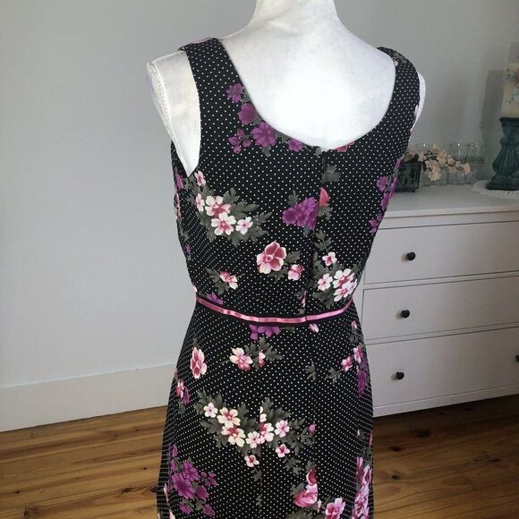 Vtg 90s Y2K K Petite Chiffon Black Polka Dot Dress 6P Pink Floral A Line Flirty - Picture 11 of 12